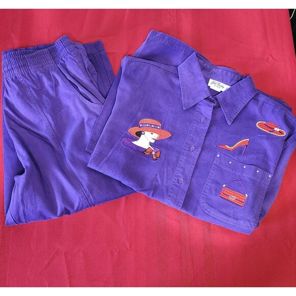 Get Lucky USA Pants - Get Lucky USA Red Hat Society Purple Shirt Capri Set L Embroidered Cotton VTG